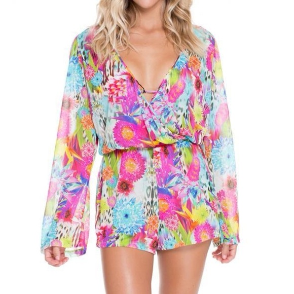 Luli Fama Pants - Luli Fama Sheer Floral Long Fan Sleeve Romper
